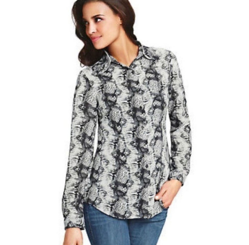 Cabi Top Large Snakeskin Print Long Sleeve Sheer Button Blouse Gray Black 988